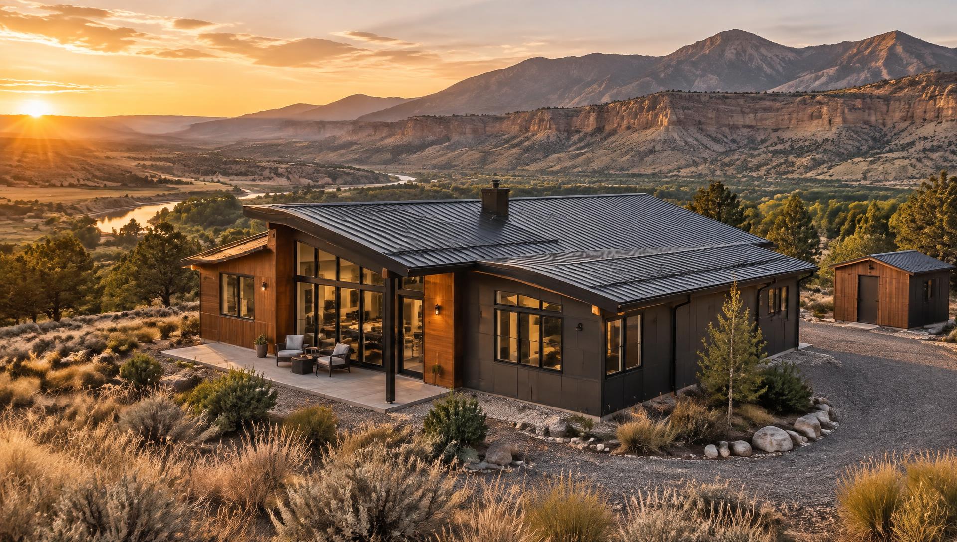 Modern light-gauge steel eco home at sunset near Rifle, Colorado